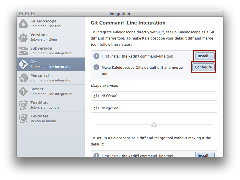 Kaleidoscope’s Integration Dialog